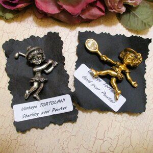 TORTOLANI Tennis Golf Figural Female Brooch Lot ~  24K Gold Plate Sterling